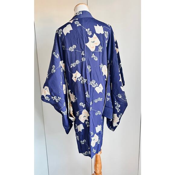Vintage 1940s Silk Kimono Short Robe Purple Kite Print Handmade Japan Oriental - Picture 6 of 14